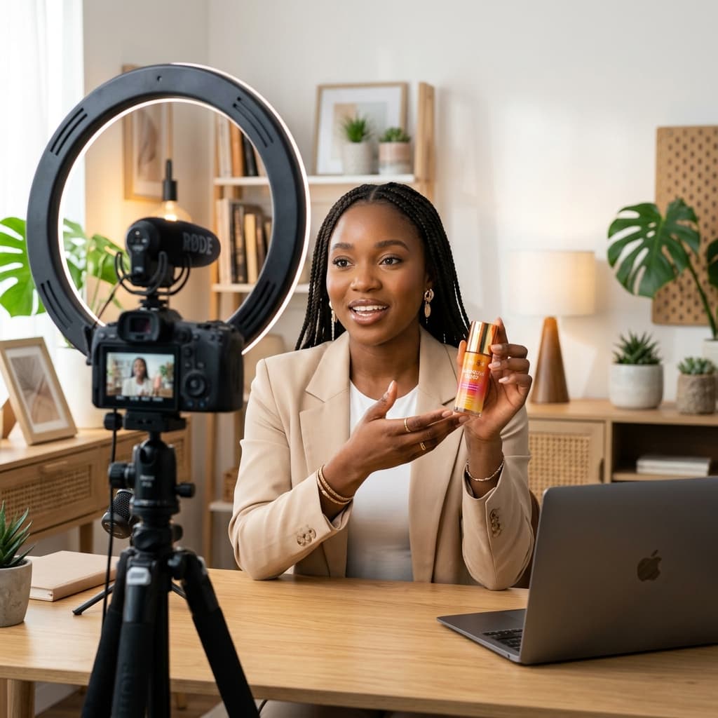 Female creator reviewing product